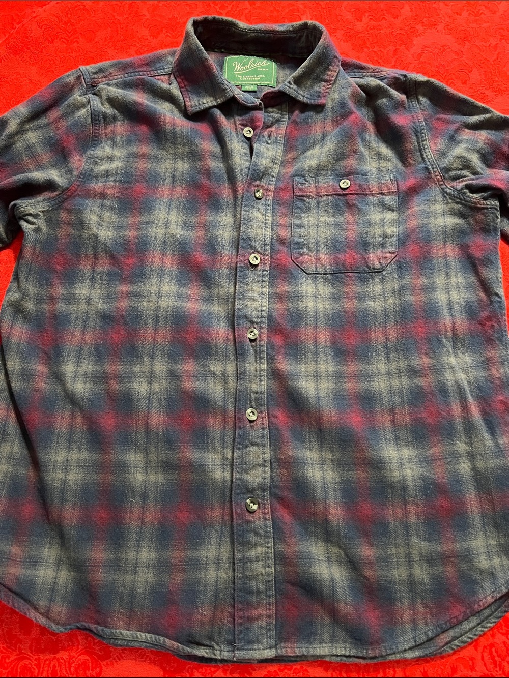 Woolrich Green Label Men’s L Plaid Flannel Shirt Red Gray Cotton Button Up